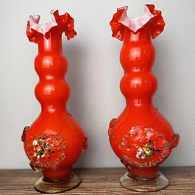 Buy Vintage Orange White Hand Blown Cased Art Glass Ruffled Floral Footed Vases 2PCS • 61.45£