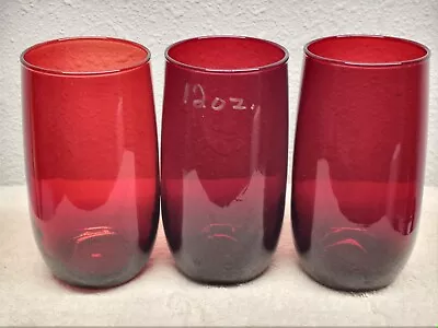 Buy 3 Vintage RUBY RED GLASS 12 Oz. DRINKING GLASSES TUMBLERS ROUND • 16.29£