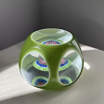 Buy Vintage 1970s Faceted Double Overlay Millefiori Glass Paperweight Decor Green • 55£