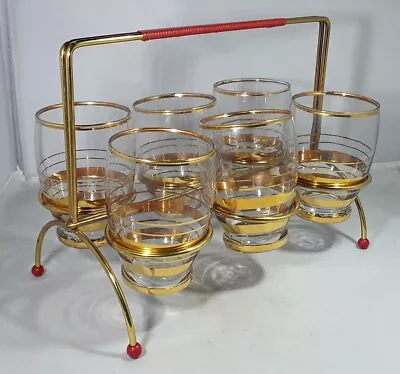 Buy VINTAGE RETRO 1950-60s GILDED 6 TUMBLER DRINKING GLASSES WIRE STAND KITSCH  • 40£