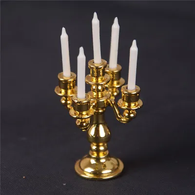 Buy 1/12 Scale Miniature Gold Candelabra 5 White Candles Dollhouse Kitchen Toy DSPN • 5.99£