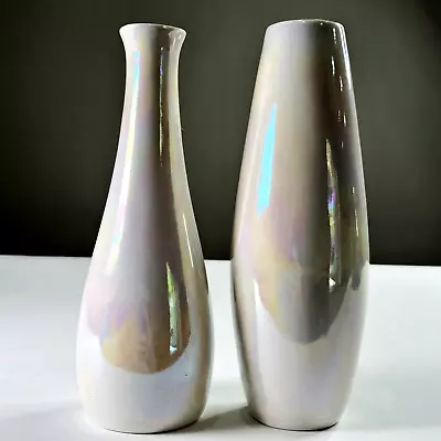 Buy Set Of 2 White Iridescent Carnival Glass Vases Room Décor 8 In Light Pink Accent • 28.44£