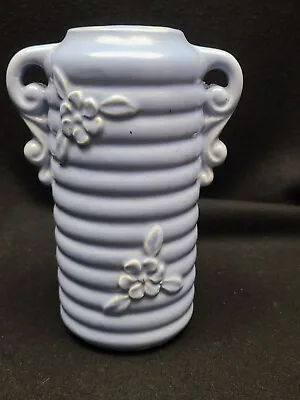 Buy Vintage Blue Unmarked Pottery Vase - BLUE Ribbed Flowers USA Handled 6 3/4  • 16.96£