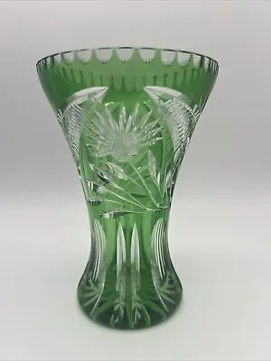 Buy Vintage Bohemian Crystal Cut To Clear Emerald Green Floral Vase 8” • 115.70£