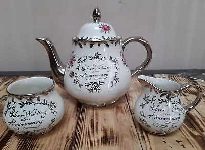 Buy Arthur Wood 25 Years Silver Wedding Anniversary Teapot Milk Jug & Sugar Bowl Set • 9.99£