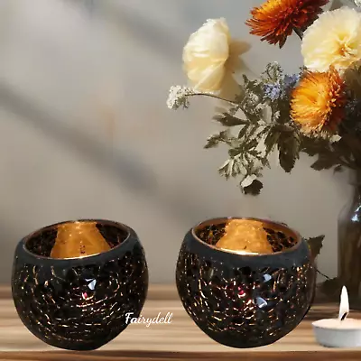 Buy PAIR OF GLASS CANDLE HOLDERS JET BLACK SPARKLING CRACKLE GLASS BOWLS 8cm • 12.95£
