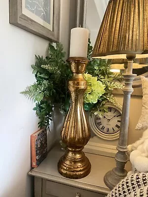 Buy Large Gold Distressed Antiqued Mercury Glass Statement Candle Holder Candlestick • 20£