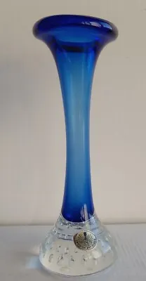 Buy Vtg Blue Swedish Art Glass Controlled Bubbles Clear Base Label Sm Bud Vase 16cm • 10£