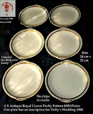 Buy 6 X Royal Crown Derby Pattern 8290 Plates Linked To BELLASIS Family 1908 • 29.99£
