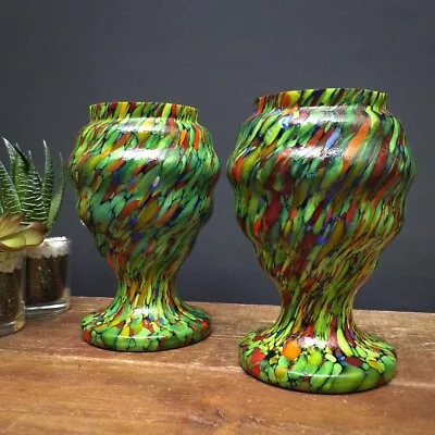 Buy Czech Bohemian Spatter Glass Vase Pair Vintage Art Deco Kralik Posy Small Green • 40£