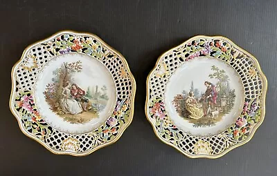 Buy Pair Antique Dresden Cabinet Plate Hand Painted Watteau Subject 8 1/4” D • 192.10£