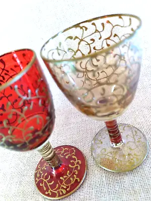 Buy Two Antique Ruby Red And Gold Victorian Wine Glasses, For Valentine Toasting • 43.79£