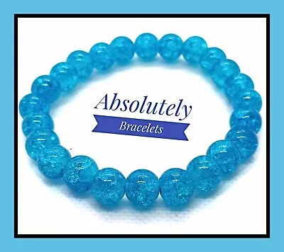 Buy Electric Blue Crackled Glass Bracelet Beaded Handmade Elastic Stretch Woman Gift • 3.49£