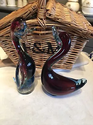Buy Vintage Murano Red & Blue X2 Glass Duck Figurine,  Ornament. • 12.99£