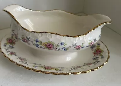 Buy Pope Gosser China Gravy Boat With Under Plate ~Pink Floral Rose W/ Gold Trim • 9.65£