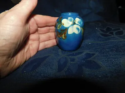 Buy Vintage Devon Pottery Poss Exeter Handpainted Blue Small Vase Cream Flower • 15£
