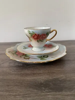 Buy Antique Hand Painted Porcelain Rose Signed  Tea Cup And Saucer 3 Pc Set • 23.24£