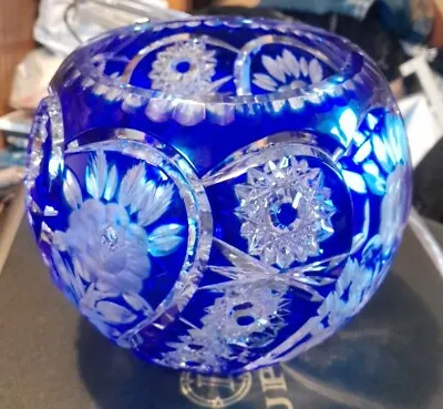 Buy Cobalt Rose Bowl Blue Cut To Clear Fairy Vase, Lead Crystal European Round • 134.46£