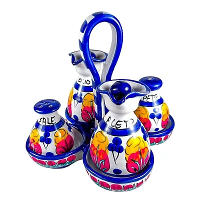 Buy La Giara Italian Pottery Oil Vinegar Salt Pepper Cruet Set W/Caddy Hand-painted • 54.71£