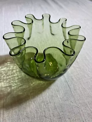 Buy Vintage Mid Century, Pilgrim Blown Green Crackle Glass Rose Bowl Vase • 29.41£