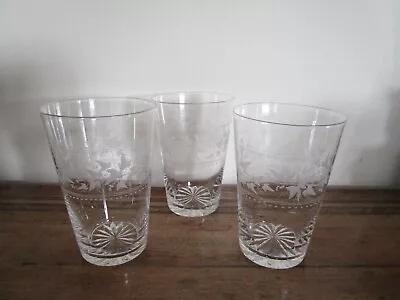 Buy 3 Antique Vintage Fine Etched Crystal Glass Tumblers Vine Leaf Design • 10£