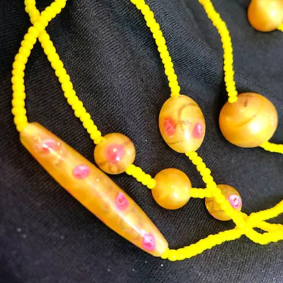 Buy Yellow Satin Art Deco Glass Bead Necklace Roses Glitter Pink • 48.88£