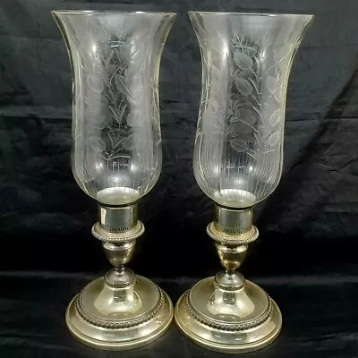 Buy Hollywood Regency Shabby Chic Silver Plate Etched Glass Hurricane Candle Holders • 79.03£