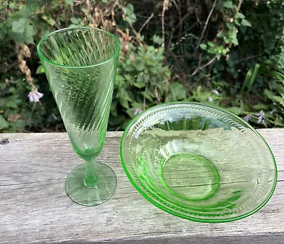 Buy Vintage Antique Green Depression Federal Glass Bowl 6” &Juice Goblet 6 1/2 As Is • 4.73£