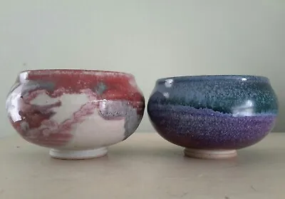 Buy Two Studio Art Pottery Bowls Glazed Ceramic Purple/Blue, Maroon/Gray/White • 13.28£