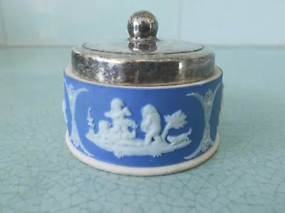 Buy Antique Wedgwood Jasperware Small Round Dark Blue Trinket Pot Box With Epns Lid • 6.95£