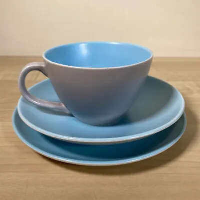 Buy Poole Pottery Twintone Sky Blue Dove Grey Cup, Saucer & Cake Plate Trio Retro • 8.49£