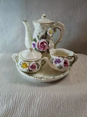 Buy Miniature Tea Set, Handmade, Vtng., Elegant Rose Collection Gold Trimmed • 10.09£