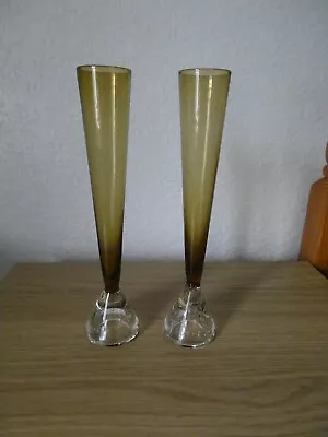 Buy Attractive Pair Of Vintage Glass Amber Light Brown Tall Bud Vases 27cm • 11.99£