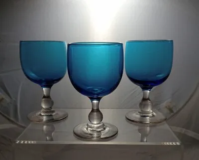 Buy Victorian Blue Wine Glasses With Clear Knopped Stem X3 • 20£