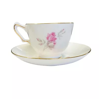 Buy CROWN Staffordshire Teacup Saucer Rosebud Fine Bone China England Pink Roses Vtg • 24.01£