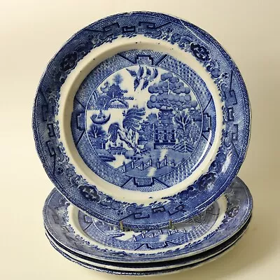 Buy Antique Flow Blue Willow Pattern 4x Dinner Plates 10 Inch A/F See Description • 12.99£