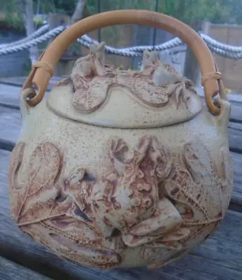 Buy Vintage Bernard Rooke Studio Pottery Raised Frog Design Cane Handled Lidded Pot • 52£