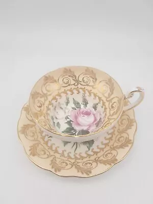 Buy Eb Foley England Footed Teacup & Saucer Band Gold Scrolls Pink/white Rose • 51.88£