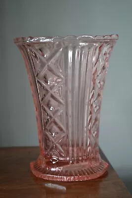 Buy VINTAGE 1930s Art Deco Pale Pink Glass Fluted Vase Geometric Pattern • 18£