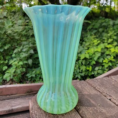 Buy Rare 1921 Fenton Glass Topaz Vaseline Opalescent Optic Rib 11.5  Vase Htf!  • 479.40£