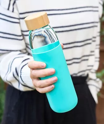 Buy Water Bottle Glass W/ Bamboo Lid & Silicone Sleeve 540ml | Blue White Green • 8.99£