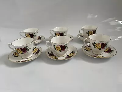 Buy Vintage Queen Anne Red Pink Yellow Roses Bone China Teacups & Saucers X6 Teaset • 29.99£