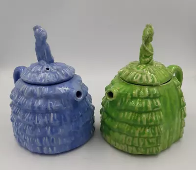 Buy Sadler- Two Blue And Green Ceramic Teapots With Raised Texture Of A Dress • 5.99£