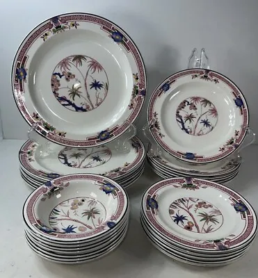 Buy 1920s Woods Ware Kenya Pink Palm Trees 28 PCs Service /7 Dinnerware Hand Colored • 379.48£