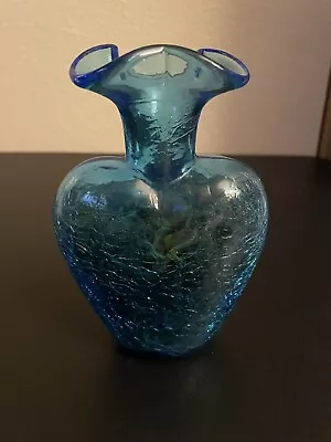 Buy Vintage Hand Blown Heart Shape Blue Crackle Glass Ruffled Rim Posy Vase Pontil • 18.31£