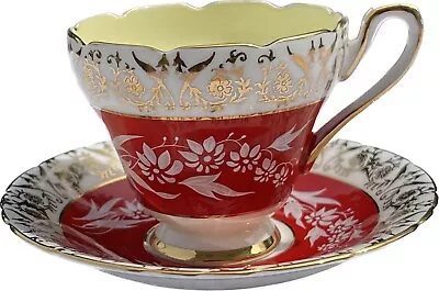 Buy Bone China England Tea Cup & Saucer Sutherland H M Scalloped Rim Red White Gold • 81.52£