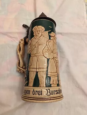 Buy Old German Stein.  Pottery/Stoneware. Relief. Pewter Lid. 10 1/2 . VG Cond. • 35.65£