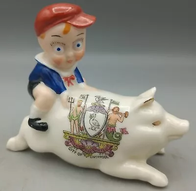 Buy Rare Arcadian Crested China Boy In Red Cap Riding On Pig - City Of Liverpool VGC • 49.99£
