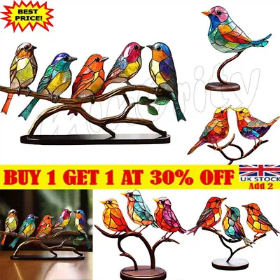 Buy Stained.Glass Birds On Branch  Desktop Ornaments Metal Vivid Craft Desktop Decor • 10.58£