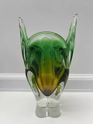 Buy Vintage 1960s J. Hospodka For Chribska 24.5cm Amber To Jade Cat Head Czech Glass • 45£
